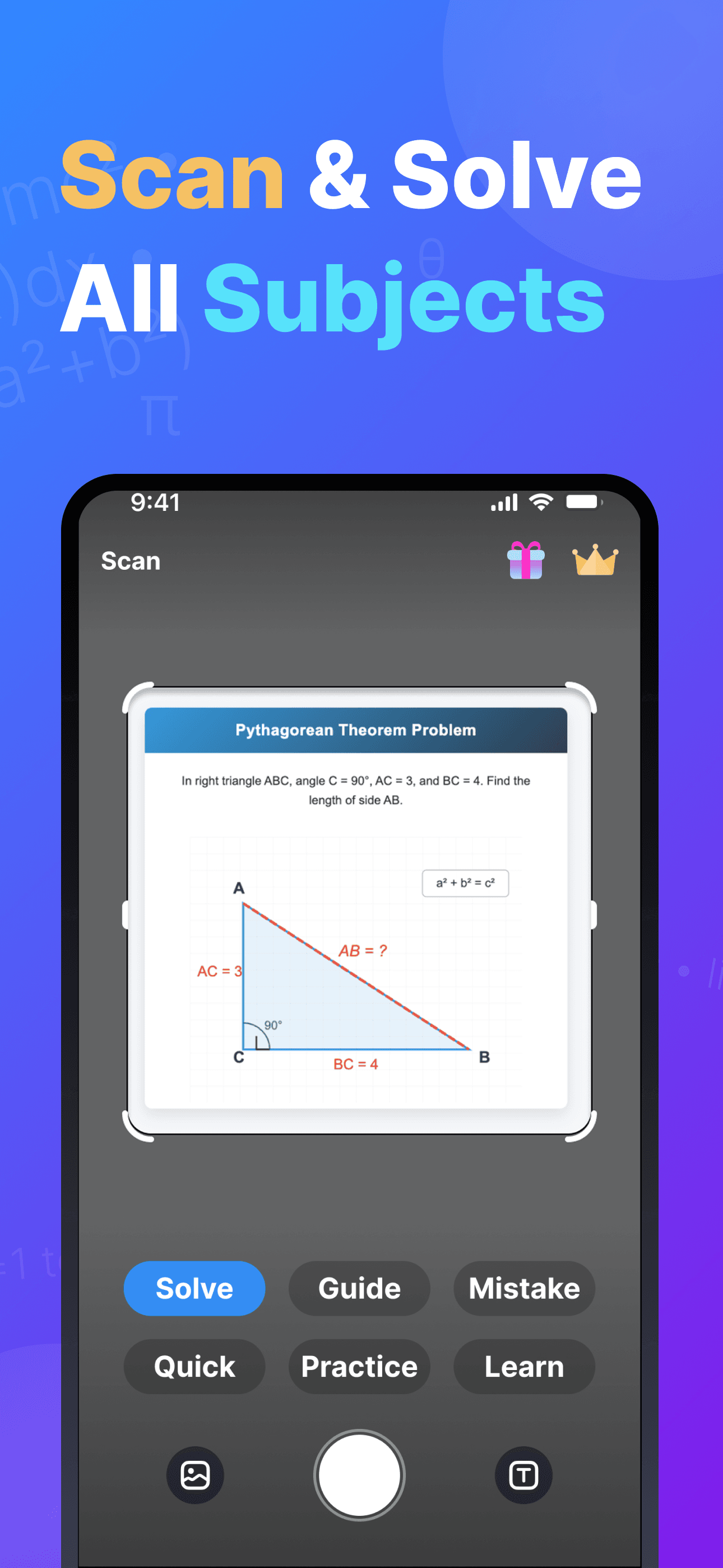 Smart scan feature capturing math homework problem with AI-powered recognition technology